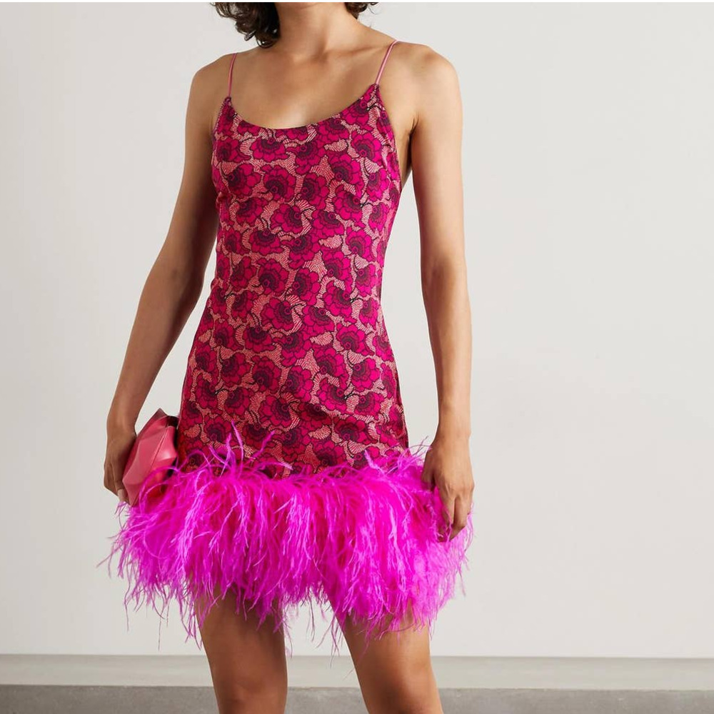 Leslie Amon Laurie Hot Pink Floral Print Feather-Trimmed After Party Mini Dress